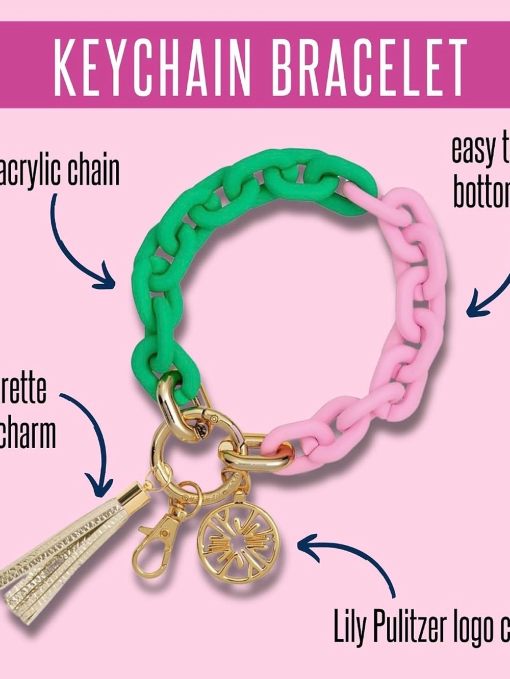 Lilly Pulitzer Pink and Green Acrylic Chain Keychain Bracelet